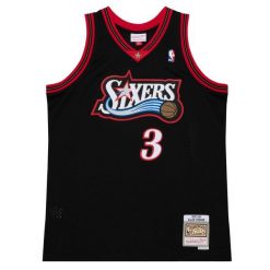 Koszulka NBA Philadelphia 76ers Allen Iverson. Czarne bluzki damskie Mitchell & Ness, bez wzorów, sportowe, bez kołnierzyka, bez ramiączek. Za 461.50 zł.