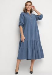 Niebieska Bawełniana Rozkloszowana Sukienka z Falbanką i Regulowanymi Rękawami Rivesi. Niebieskie sukienki damskie Born2be, na co dzień, bez wzorów, z bawełny, eleganckie, bez kołnierzyka, bez ramiączek, midi, proste. Za 169.99 zł.