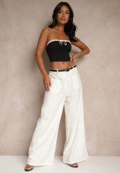 Białe Szerokie Spodnie High Waist z Wiskozą z Ozdobnymi Przeszyciami Linadia. Białe spodnie materiałowe damskie Renee, bez wzorów, z jeansu, eleganckie, z podwyższonym stanem. Za 99.99 zł.