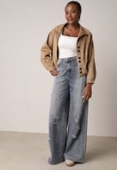 Niebieskie Bawełniane Jeansy Typu Palazzo Ozdobione Przetarciami i Dziurami Erivaine. Niebieskie jeansy damskie Born2be, bez wzorów, z bawełny, eleganckie, z podwyższonym stanem. Za 139.99 zł.