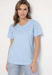 Jasnoniebieski Bawełniany T-shirt z Trójkątnym Dekoltem Nelirna. Niebieskie t-shirty damskie Born2be, uniwersalny, bez wzorów, z bawełny, bez kołnierzyka, bez ramiączek. Za 34.99 zł.