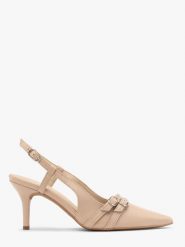 Czółenka slingback z dekoracyjnymi paskami OFELIA. Brązowe czółenka damskie Ryłko, bez wzorów, z gumy, bez obcasa, na szpilce, bez zapięcia. Za 429.99 zł.