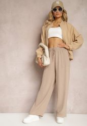 Ciemnobeżowe Spodnie High Waist ze Sznurkiem w Talii i Prostą Nogawką Raveann. Brązowe spodnie materiałowe damskie Renee, bez wzorów, z jeansu, z podwyższonym stanem. Za 39.99 zł.
