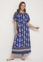 Niebieska Pudełkowa Sukienka z Wiskozy w Etniczny Wzór Mirosela. Niebieskie sukienki damskie Born2be, na co dzień, s, bez wzorów, z materiału, eleganckie, bez kołnierzyka, bez ramiączek, maxi. Za 59.99 zł.