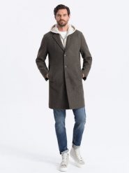 Jednorzędowy płaszcz męski bez podszewki – szarozielony V6. Szare płaszcze męskie Ombre Clothing, m, bez wzorów, z materiału, eleganckie, bez kołnierzyka, bez kaptura. W wyprzedaży za 359.99 zł.