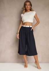 Granatowe Eleganckie Spodnie Typu Culottes Silunea. Niebieskie spodnie materiałowe damskie Renee, bez wzorów, z jeansu, biznesowe. Za 74.99 zł.