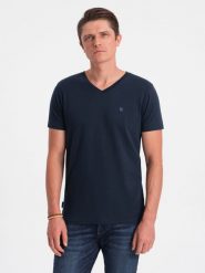 T-shirt męski V-NECK z elastanem - granatowy V2 OM-TSCT-0106 - XXL. Niebieskie t-shirty męskie Ombre Clothing, l, bez wzorów, z bawełny, bez kołnierzyka, bez ramiączek. W wyprzedaży za 39.99 zł.