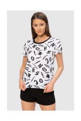 MOSCHINO Biały t-shirt w czarne litery. Białe t-shirty damskie MOSCHINO, s, bez wzorów, prążkowane, bez kołnierzyka, bez ramiączek. W wyprzedaży za 299.99 zł.