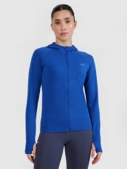 4F Bluza do biegania w terenie rozpinana z kapturem damska - niebieska M/L. Niebieskie bluzy damskie 4F, l, bez wzorów, z dzianiny, klasyczne, bez ramiączek, z kapturem. W wyprzedaży za 139.99 zł.