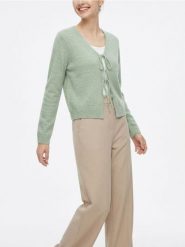 Kardigan z wiązaniem na przodzie - zielony. Zielone kardigany damskie Sinsay, l, bez wzorów, bez kołnierzyka. Za 49.99 zł.