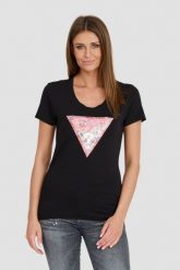 GUESS Czarny t-shirt Satin Triangle Tee. Czarne t-shirty damskie Guess, s, z aplikacjami, bez kołnierzyka, bez ramiączek. W wyprzedaży za 90.99 zł.
