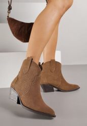 Brązowe Skórzane Botki Kowbojki na Stożkowym Obcasie Elinyra. Brązowe botki damskie Born2be, bez wzorów, z jeansu, eleganckie, bez obcasa, na obcasie, bez zapięcia. Za 189.99 zł.