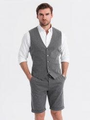 Elegancki zestaw męski kamizelka garniturowa + szorty - grafitowy V3 Z112 XL. Szare garnitury męskie Ombre, m, bez wzorów, eleganckie. Za 468.99 zł.