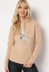 Beżowa Bluza z Kapturem i Nadrukiem Diames. Brązowe bluzy damskie Born2be, l, bez wzorów, z polaru, casualowe, bez ramiączek, z kapturem. Za 84.99 zł.