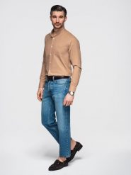 Lniana koszula męska ze stójką i kieszenią REGULAR FIT – jasnobrązowa V7 - Rozmiar: XXL. Brązowe koszule męskie Ombre Clothing, na lato, l, bez wzorów, z bawełny, bez kołnierzyka, bez ramiączek. Za 219.99 zł.