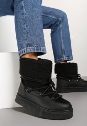 Czarne Śniegowce Futerkowe na Platformie ze Sznurowaną Cholewką Izalithia. Czarne śniegowce damskie Renee, z futra, bez zapięcia. Za 79.99 zł.