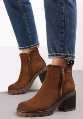 Ciemnobrązowe Botki na Słupku Boho z Suwakiem Kodra. Brązowe botki damskie Renee, bez wzorów, boho, za kostkę, bez obcasa, na obcasie, bez zapięcia. Za 139.99 zł.
