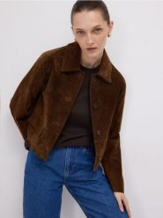 Skórzana marynarka - brązowy. Brązowe marynarki i żakiety damskie Reserved, bez wzorów, ze skóry, bez kołnierzyka, bez ramiączek. Za 559.99 zł.