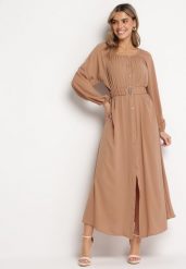 Jasnobrązowa Luźna Sukienka Maxi z Guzikami i Paskiem z Ozdobną Klamrą Liriti. Brązowe sukienki damskie Born2be, l, bez wzorów, bez kołnierzyka, bez ramiączek, maxi. Za 69.99 zł.