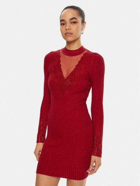 Guess Sukienka dzianinowa W5RK14 Z2Y50 Czerwony Regular Fit. Czerwone sukienki damskie Guess, xxl, z aplikacjami, z dzianiny, bez kołnierzyka, bez ramiączek. Za 309.99 zł.