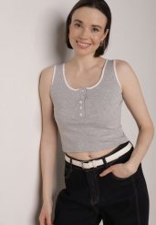 Szary Bawełniany Top w Prążki z Guzikami przy Dekolcie Bervise. Szare topy damskie Born2be, m, bez wzorów, z bawełny, bez kołnierzyka, bez ramiączek. Za 29.99 zł.