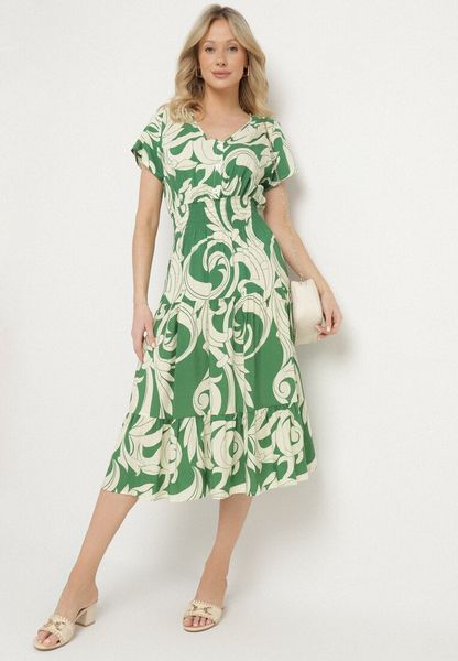 Zielona Sukienka z Bawełny Ozdobiona Guzikami i Geometrycznym Wzorem Talissea. Zielone sukienki damskie Born2be, na co dzień, na lato, l, z aplikacjami, z bawełny, bez kołnierzyka, bez ramiączek. Za 49.99 zł.