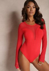 Czerwone Wiskozowe Body z Transparentnymi Wstawkami i Zapięciem na Haftki Maivia. Czerwone body Renee, bez wzorów, z jeansu. Za 49.99 zł.