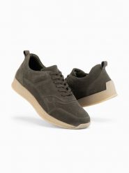 Lekkie zamszowe męskie sneakersy w stylu sportowym – oliwkowe V1 OM-FOSL-0205 - 45. Zielone buty sportowe męskie Ombre Clothing, bez wzorów, z gumy, bez zapięcia. W wyprzedaży za 139.99 zł.