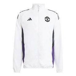Kurtka dresowa Prematch Manchester United 2025/26. Białe kurtki sportowe męskie Adidas, m, bez wzorów, z dresówki, bez kaptura, na fitness i siłownię. Za 372.00 zł.