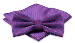 Czerwono-Chabrowa, Fioletowa Mucha Męska -ALTIES- z Taką Samą Poszetką, w Pepitkę. Czerwone krawaty i muchy Alties, bez wzorów, eleganckie. Za 54.00 zł.