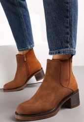 Brązowe Botki na Słupku z Ekozamszu Otielo. Brązowe botki damskie Renee, bez wzorów, eleganckie, bez obcasa, na obcasie, bez zapięcia. Za 119.99 zł.