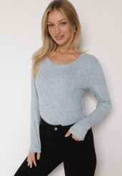 Niebieska Bluzka Typu Longsleeve z Geometrycznym Wzorem Unila. Niebieskie bluzki damskie Born2be, l, bez wzorów, z jeansu, biznesowe, bez kołnierzyka, bez ramiączek. Za 49.99 zł.