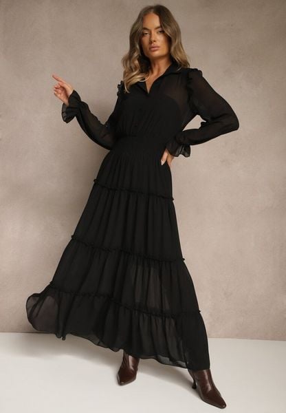 Czarna Sukienka VICES Koszulowa z Falbaną w Rustykalnym Stylu Arivite. Czarne sukienki damskie Renee, na co dzień, l, bez wzorów, bez kołnierzyka, bez ramiączek, maxi, koszulowe. Za 159.99 zł.