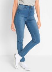 "Dżinsy Slim Fit ""super-stretch"", high waist". Czarne jeansy damskie bonprix, bez wzorów, z jeansu, z podwyższonym stanem. Za 129.99 zł.
