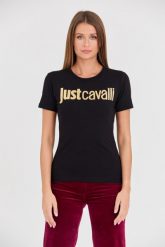JUST CAVALLI Czarny t-shirt Logo Gold. Czarne t-shirty damskie Just Cavalli, s, bez wzorów, bez kołnierzyka, bez ramiączek. W wyprzedaży za 309.99 zł.