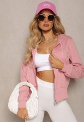 Różowa Klasyczna Rozpinana Bluza na Suwak ze Ściągaczem Parivea. Czerwone bluzy damskie Renee, l, bez wzorów, klasyczne, bez ramiączek, z kapturem. Za 29.99 zł.