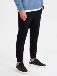 Spodnie męskie materiałowe JOGGERY - czarne V1 - Rozmiar: M. Czarne spodnie materiałowe męskie Ombre Clothing, bez wzorów, z bawełny. W wyprzedaży za 59.99 zł.