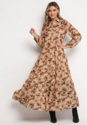 Beżowa Koszulowa Sukienka Maxi z Falbanką Mersa. Brązowe sukienki damskie Born2be, l, bez wzorów, bez kołnierzyka, bez ramiączek, maxi, koszulowe. Za 149.99 zł.