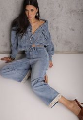 Niebieskie Jeansy z Bawełną i Koronką przy Nogawkach Neathlin. Niebieskie jeansy damskie Renee, z aplikacjami, z bawełny, biznesowe, z podwyższonym stanem. Za 119.99 zł.