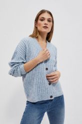 Sweter zapinany na guziki niebieski. Niebieskie swetry nierozpinane damskie MOODO, s, bez wzorów, z poliesteru, bez kołnierzyka, bez ramiączek. W wyprzedaży za 74.99 zł.