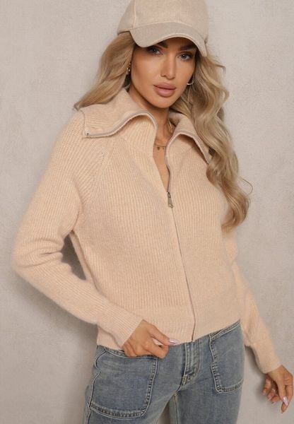 Beżowy Kardigan z Wełną o Kroju z Golfem i Zapięciem na Zamek Zinfria. Brązowe kardigany damskie Renee, bez wzorów, z dzianiny, biznesowe, bez kołnierzyka. Za 64.99 zł.