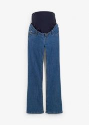 Dżinsy ciążowe z bawełną organiczną, lekko poszerzana nogawka. Niebieskie jeansy damskie bonprix, bez wzorów, z bawełny, moda ciążowa. Za 179.99 zł.