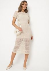 Beżowa Ażurowa Sukienka z Wiskozą Zoriena. Brązowe sukienki damskie Born2be, na co dzień, w ażurowe wzory, z wiskozy, eleganckie, bez kołnierzyka, bez ramiączek, midi, kopertowe. Za 149.99 zł.