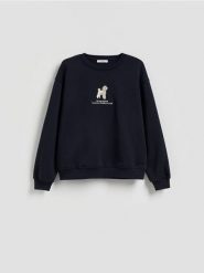 Bluza z haftem - granatowy. Niebieskie bluzy damskie Reserved, l, bez wzorów, z bawełny, bez ramiączek, bez kaptura. Za 89.99 zł.