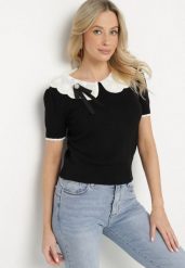 Czarna Wiskozowa Bluzka Retro z Haftowanym Kołnierzykiem i Broszką Alaneris. Czarne bluzki damskie Born2be, bez wzorów, z jeansu, eleganckie, bez kołnierzyka, bez ramiączek. Za 109.99 zł.