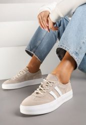 Beżowe Sneakersy Tenisówki ze Skóry Naturalnej na Niskiej Platformie Eleadria. Brązowe trampki i tenisówki damskie Renee, bez wzorów, z jeansu, bez zapięcia. Za 189.99 zł.