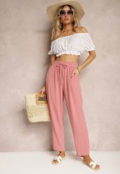 Ciemnoróżowe Spodnie Regular High Waist z Wiązaniem w Pasie Dimeca. Czerwone spodnie materiałowe damskie Renee, z aplikacjami, z jeansu, z podwyższonym stanem. Za 39.99 zł.