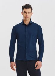 PAKO LORENTE – Granatowa koszula z dzianiny. Koszule męskie Pako Lorente, xl, bez wzorów, z bawełny, bez kołnierzyka, bez ramiączek. Za 199.99 zł.