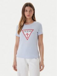 Guess T-Shirt W1YI1B I3Z14 Błękitny Regular Fit. Niebieskie t-shirty damskie Guess, xs, z aplikacjami, z bawełny, bez kołnierzyka, bez ramiączek. Za 159.99 zł.
