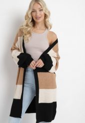 Brązowy Długi Kardigan w Paski Amonta. Brązowe kardigany damskie Born2be, m, bez wzorów, bez kołnierzyka. Za 139.99 zł.